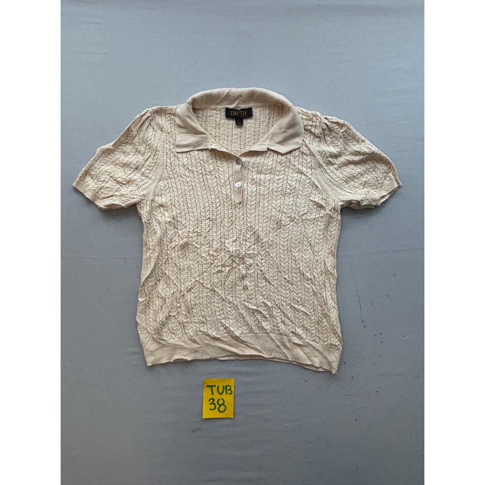 Truth by Republic Cream Cable Knit Polo Shirt Short Sleeve Pointelle Top Large